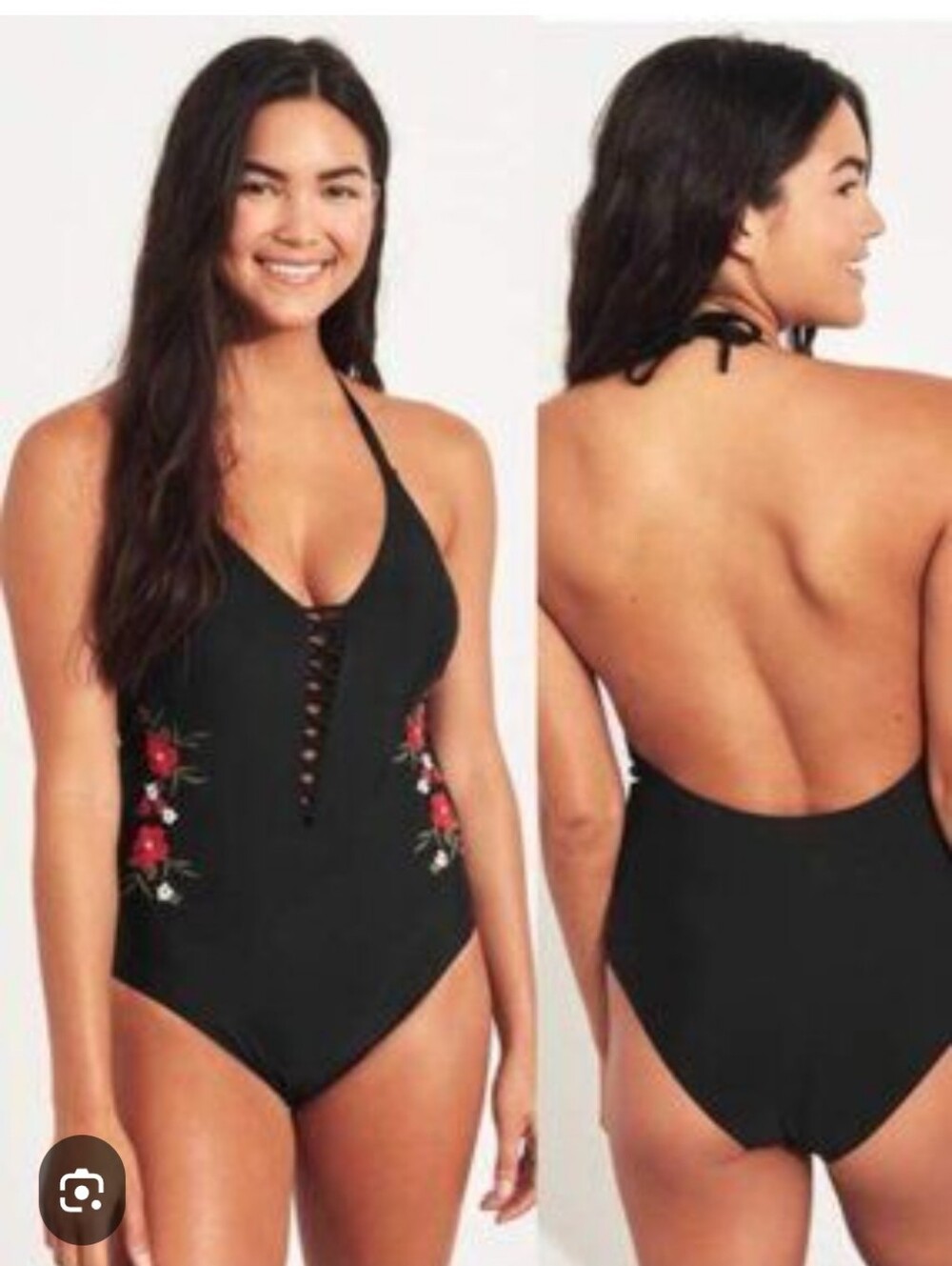 Hollister Embroidered Floral Black One Piece Swimsuit.